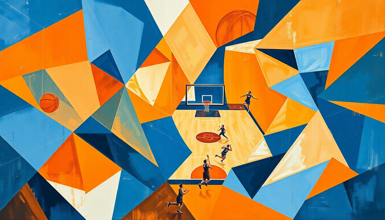 A cubist-style painting depicting a fragmented, geometric representation of a women's basketball game, with overlapping planes of orange, blue, and white shapes.