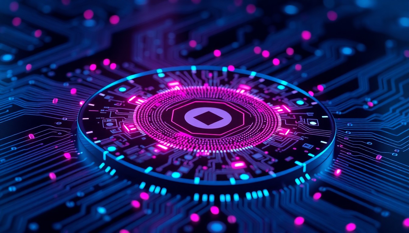 A highly detailed, glowing 3D illustration of a silicon wafer with intricate circuit patterns illuminated by neon cyan and magenta lights, conceptually representing the advanced semiconductor technology being built in Utah's Silicon Slopes.