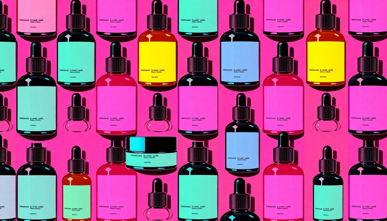 A brightly colored, high-contrast silkscreen print of a single, iconic skincare product bottle repeated in a tight grid pattern, utilizing flat, vibrant, and unnatural neon color palettes overlapping with heavy black photographic outlines to turn an everyday item into modern pop art.