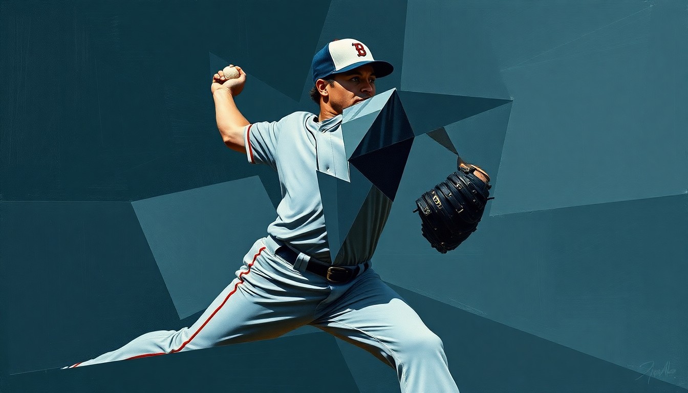 A cubist-style painting depicting a baseball pitcher's motion broken down into overlapping geometric shapes in shades of blue and grey, conveying the complexity and difficulty of making it to the big leagues.