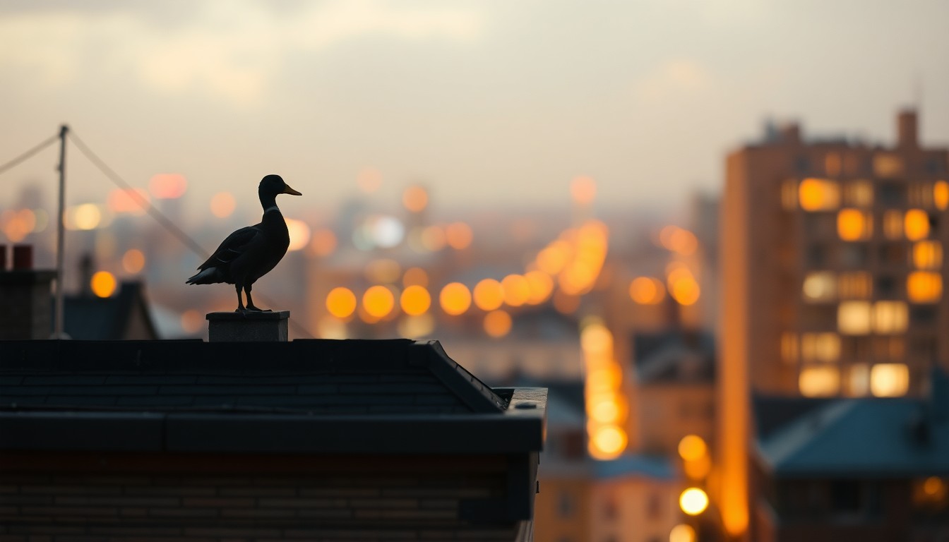 An abstract, impressionistic photograph in soft, hazy tones showing the silhouette of a duck perched atop a building, with blurred city lights and architecture in the background, conveying a sense of whimsy and community celebration.