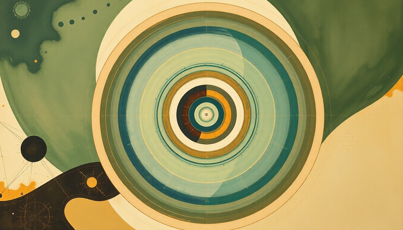 A bold, abstract painting featuring sweeping geometric arcs, concentric circles, and precise spirals in earthy tones of green, brown, and blue, conceptually representing the complex forces and concepts of the Artemis II mission.