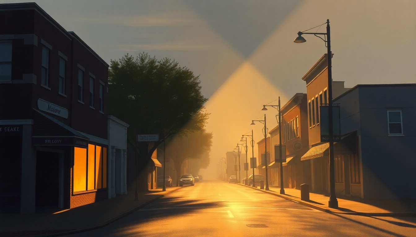 A serene, cinematic painting of a quaint main street in Chesapeake, Virginia, with warm sunlight casting long shadows across the storefronts and pedestrians, conveying a sense of timeless, small-town character.