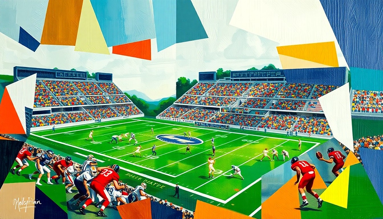A cubist, geometric painting depicting a high school football game, with the players, field, and stadium broken down into abstract shapes and planes of color, representing the NSAA's decision to move the Eight Man-3 championship to a different venue.