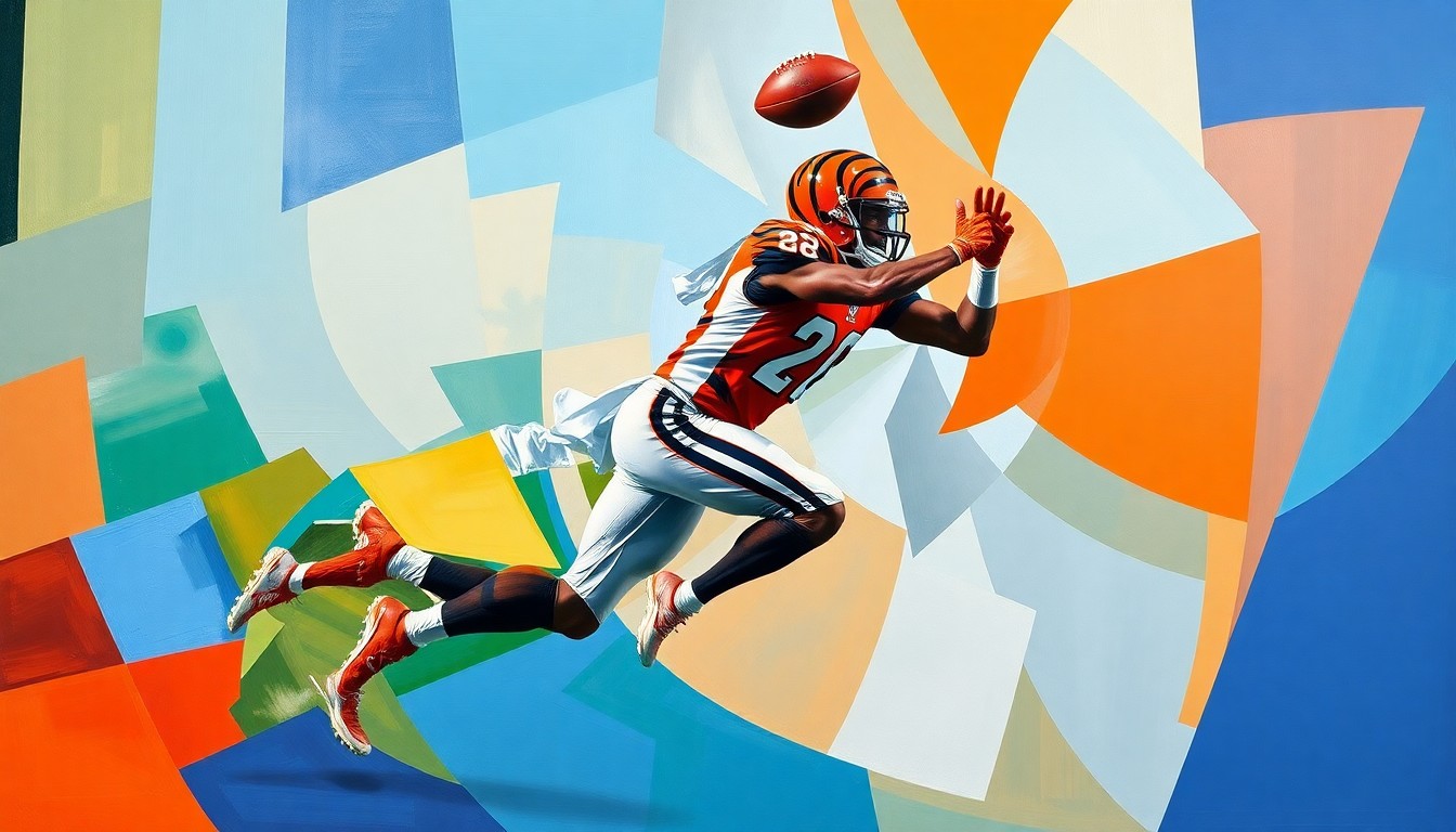 A cubist, geometric painting depicting a Bengals wide receiver making a leaping catch, with the player's body broken down into sharp, overlapping planes of color.