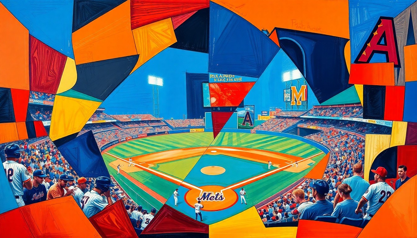 A cubist-style painting featuring sharp, overlapping geometric shapes in the Mets' blue and orange and the Diamondbacks' teal and purple colors, capturing the dynamic action of a baseball game between the two teams.