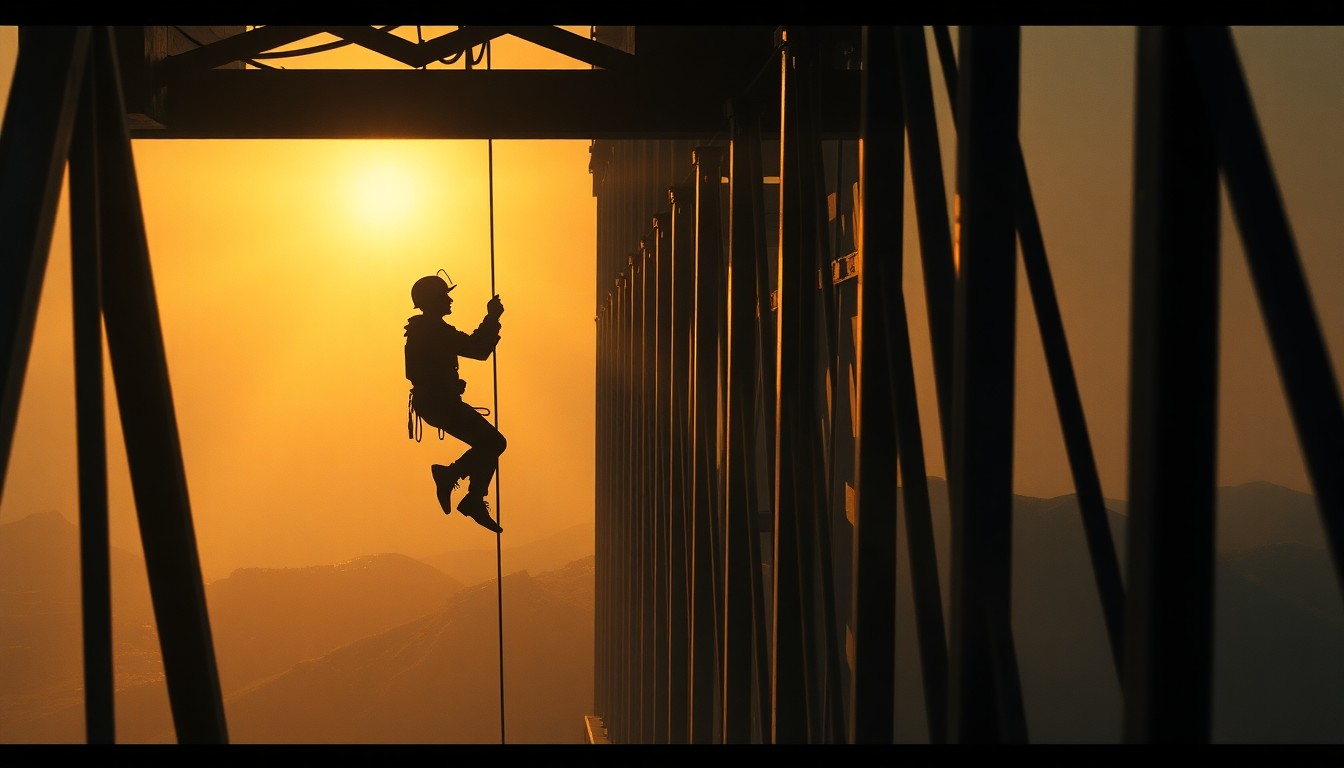 A cinematic painting depicting a solitary Marine officer hanging from the girders of a bridge, rigging explosives, with warm sunlight and deep shadows, conceptually representing the courage and sacrifice of a Vietnam War hero.