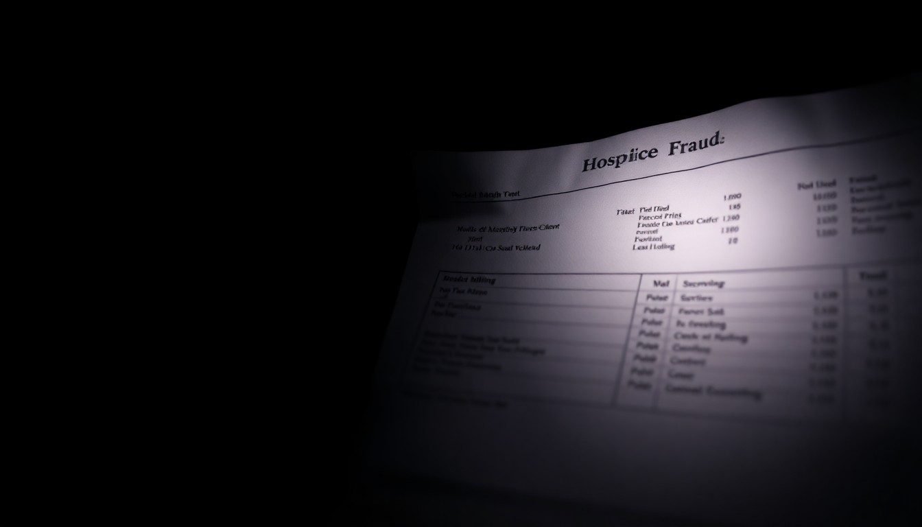 An extreme close-up photograph of crumpled medical billing documents and financial records, dramatically lit by a harsh camera flash against a dark background, conveying the gritty, investigative nature of uncovering this large-scale healthcare fraud.