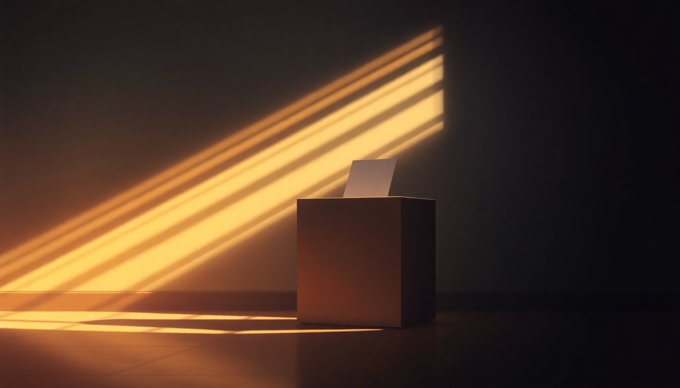A serene, photorealistic painting of a solitary ballot box sitting on a table, with warm sunlight streaming in through a window and casting deep shadows across the scene, conveying the gravity and importance of the electoral process.