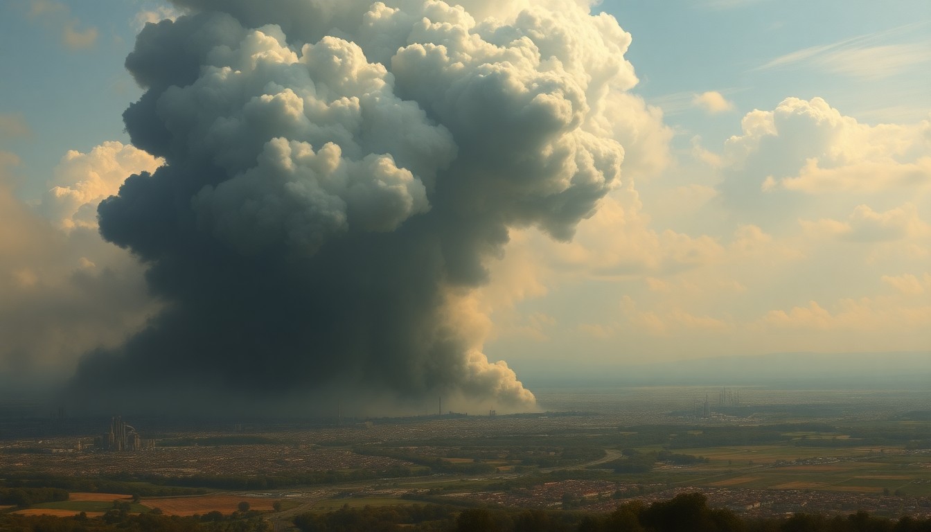 A sweeping, atmospheric landscape painting depicting a towering plume of dark smoke rising from a distant industrial complex, dwarfing the surrounding cityscape and conveying a sense of the overwhelming power of nature.