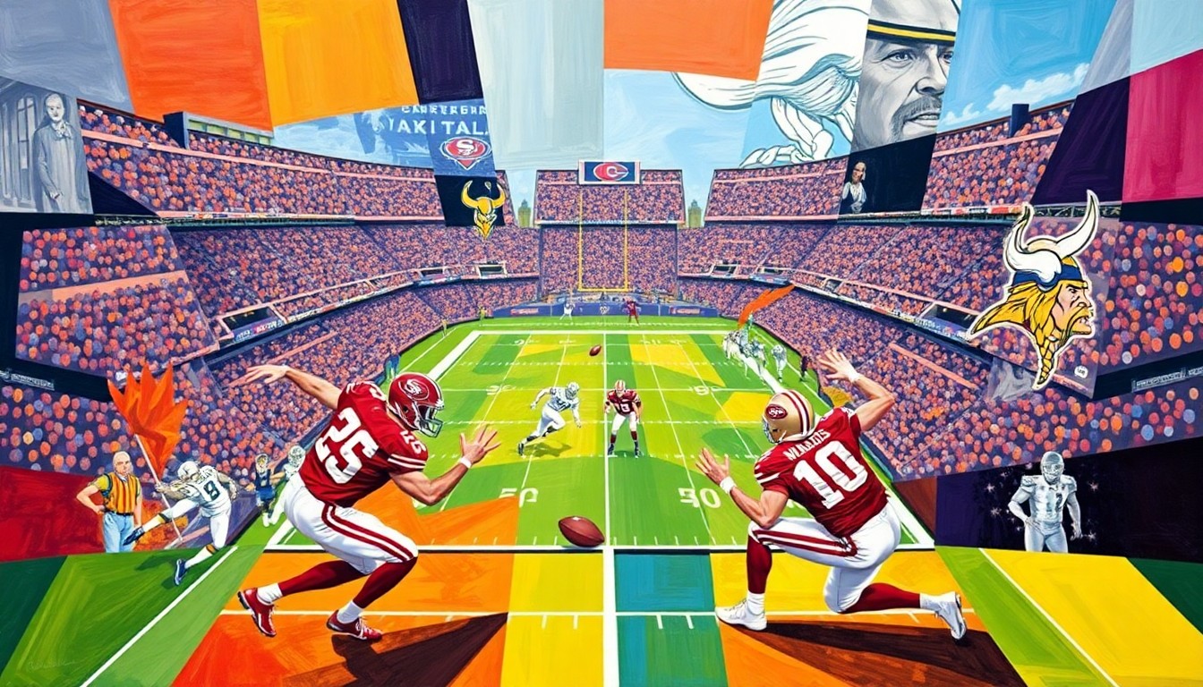 A cubist, geometric painting that deconstructs a football game between the San Francisco 49ers and Minnesota Vikings, capturing the dynamic energy and strategic maneuvering of the potential trade deal.