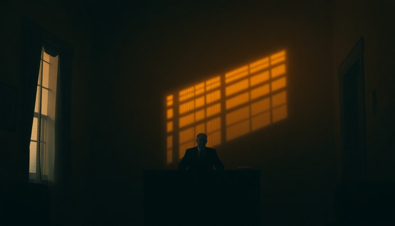 A moody, cinematic painting depicting a lone political figure sitting at a desk in a dimly lit government office, with warm, diagonal sunlight casting shadows across the room, capturing a sense of unease and division within the administration.