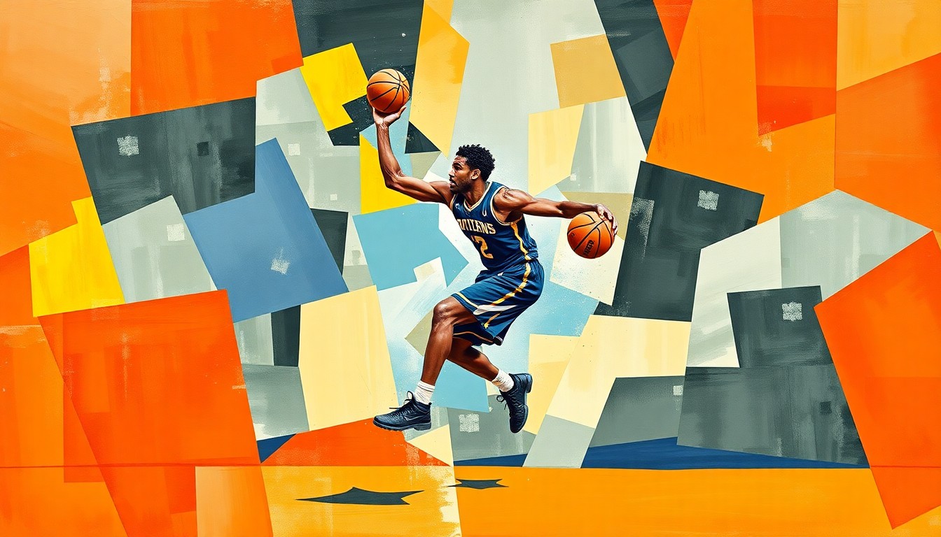 A cubist-style painting depicting a basketball player in motion, broken down into sharp, geometric shapes and planes of color, representing the analytical approach to rebuilding a college basketball roster.