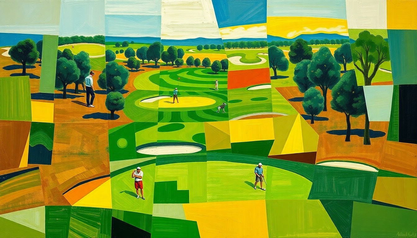 A fractured, geometric painting depicting a golf course and players, rendered in a cubist style with vibrant colors and sharp, overlapping planes.