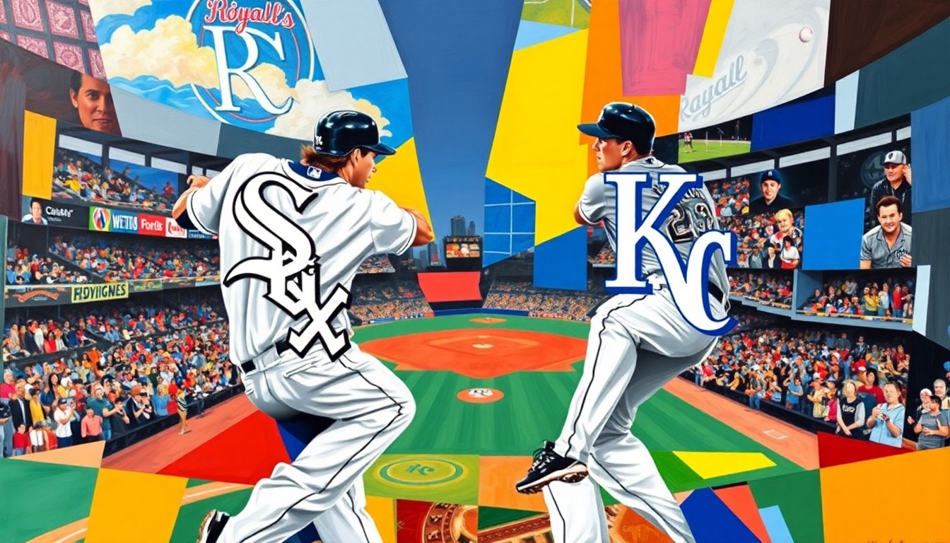 A fragmented, geometric painting in bold colors depicts the action and movement of a baseball game between the Chicago White Sox and Kansas City Royals, with sharp planes and overlapping shapes conveying the competitive spirit of the matchup.