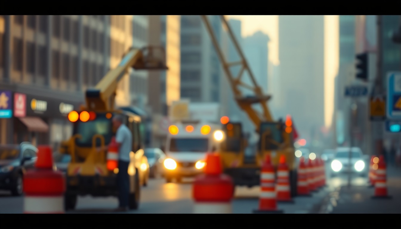 An abstract, impressionistic scene of construction equipment and traffic cones on a city street, captured in a soft, out-of-focus style with warm, diffused lighting, conveying the mood of a community infrastructure project.