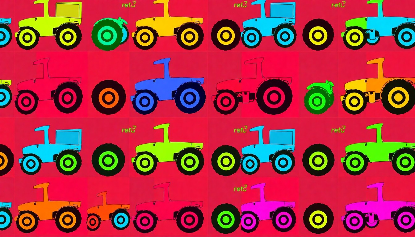 A bold, colorful silkscreen-style illustration featuring a repeated tractor icon in a grid pattern, conceptually representing the preservation of farmland and the importance of agricultural machinery to the state's economy and food production.