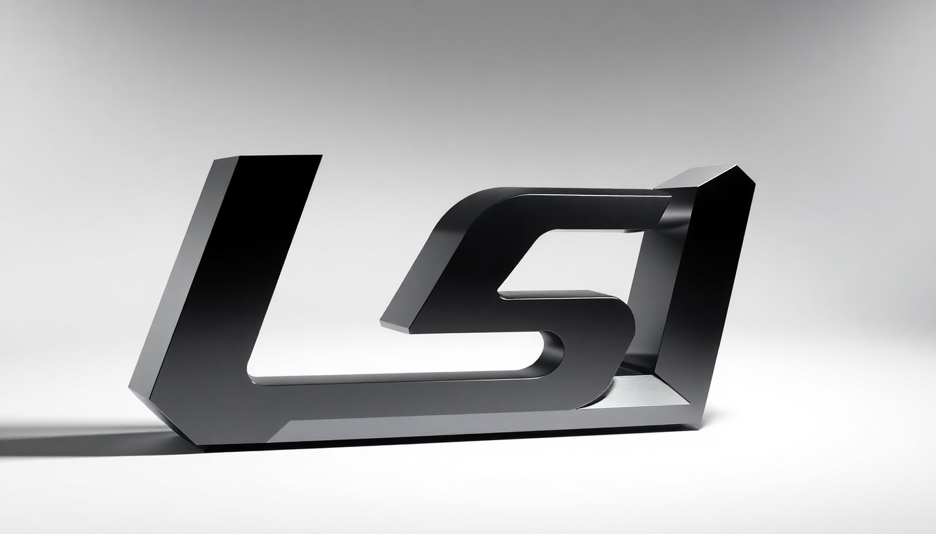 A close-up photograph of a polished, geometric metal sculpture in the shape of the LSI Industries logo, resting on a clean white background and dramatically lit from the side to highlight the sleek, premium materials.