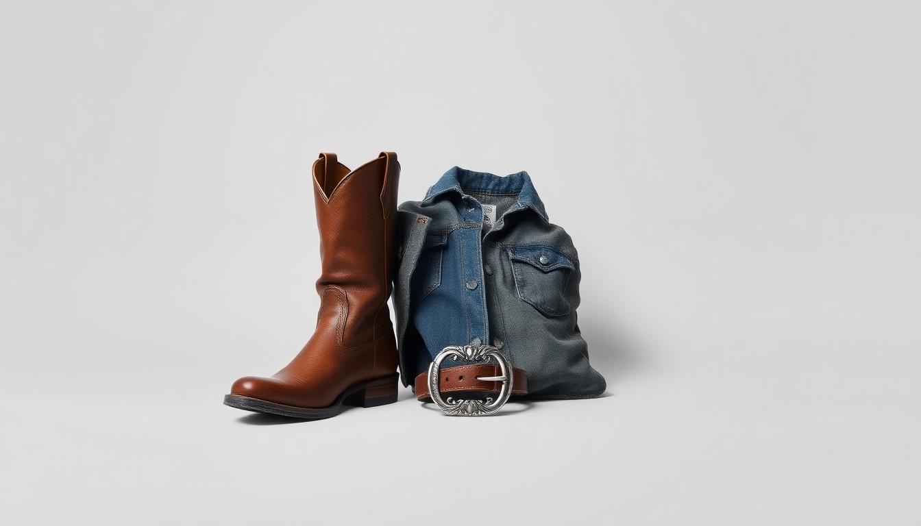 A high-end studio still life photograph featuring a pair of rugged leather cowboy boots, a worn denim jacket, and a silver belt buckle arranged elegantly on a clean, monochromatic background, conceptually representing the premium quality and craftsmanship of western-inspired apparel and accessories.