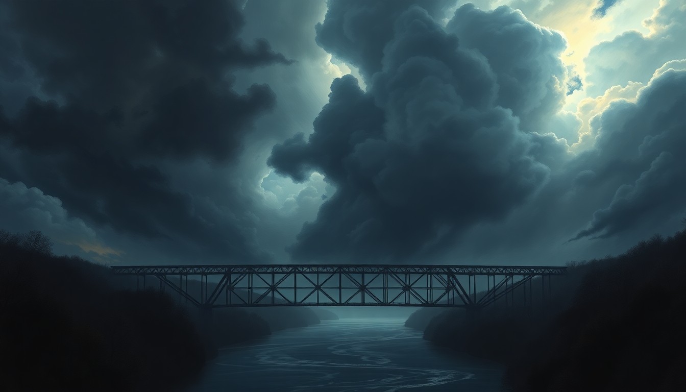 A sweeping, atmospheric landscape painting in muted earth tones, with a massive railroad trestle silhouetted against a stormy, turbulent sky, conveying the overwhelming natural forces surrounding this critical infrastructure.