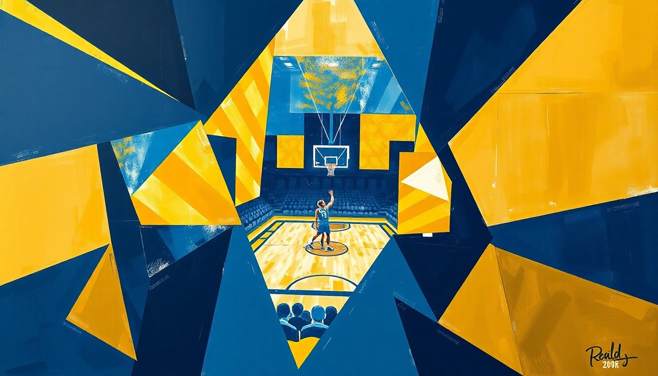 A cubist, geometric painting depicting a women's basketball game broken down into overlapping planes of navy blue, gold, and white, conveying the dynamic energy and potential of the UCF program under new leadership.