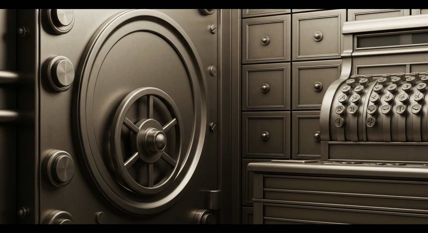An extreme close-up of heavy, industrial banking equipment and machinery, conveying a sense of financial security and institutional power without using any literal currency or charts.