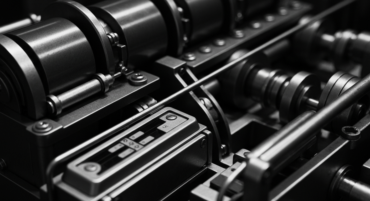 A high-contrast black and white close-up image of complex financial machinery, representing the technical and institutional nature of the biotech industry.