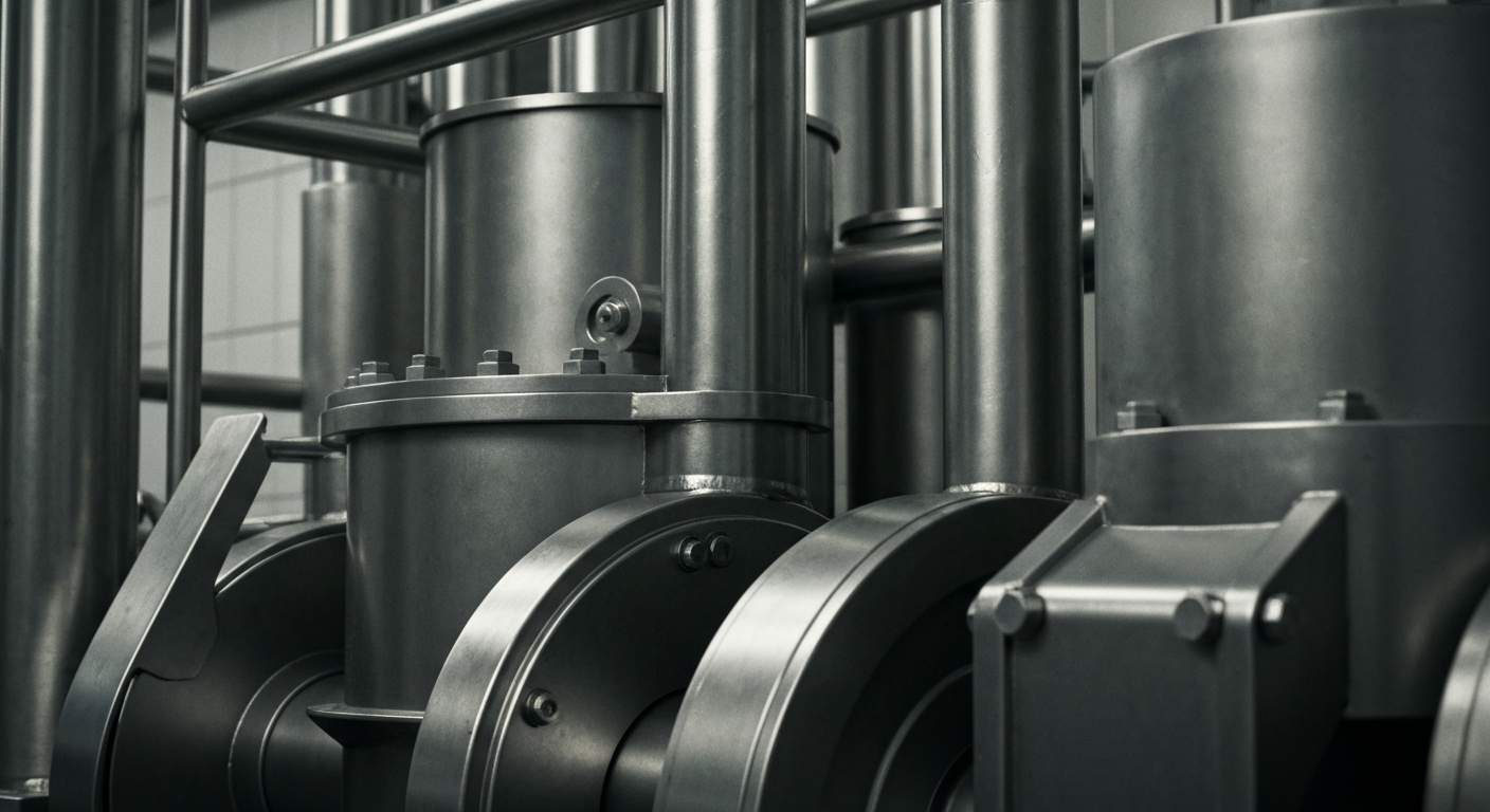 An extreme close-up of gleaming, industrial food processing equipment, conveying the physical and financial infrastructure behind Lamb Weston's operations as a leading global frozen potato supplier.