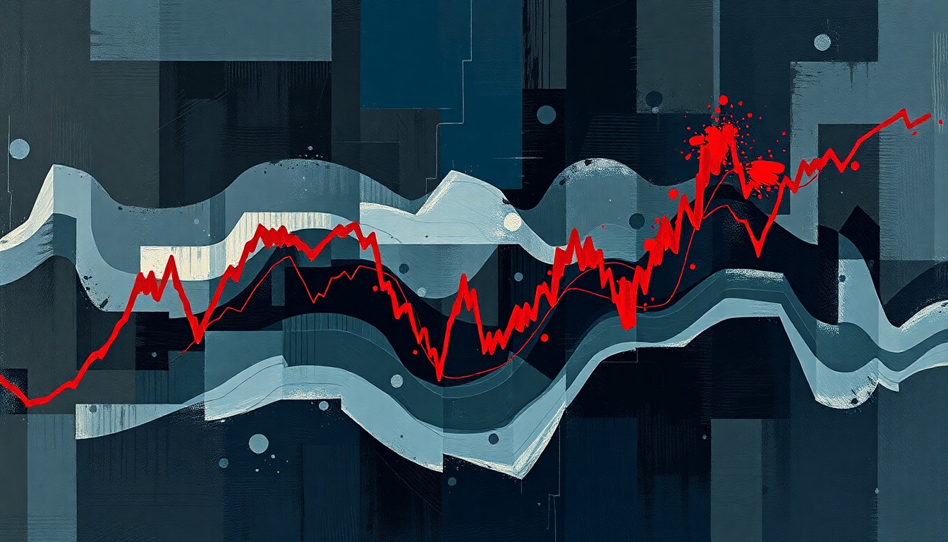 A dynamic, fragmented painting of an abstract financial chart, with overlapping geometric shapes and lines in shades of blue, grey, and red, conveying a sense of rapid movement and volatility.