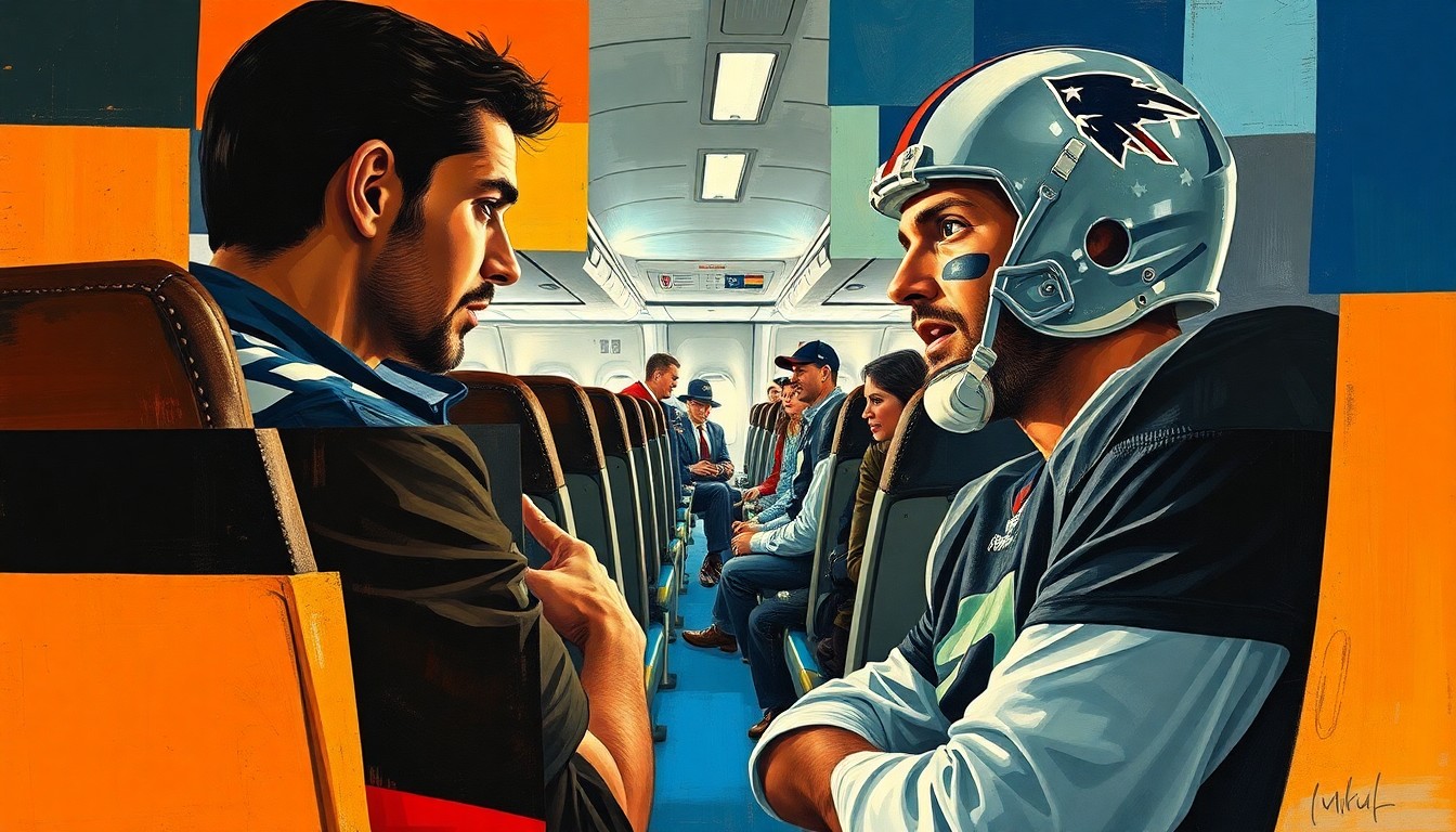 A fragmented, geometric painting depicting the confrontation between a professional football player and an overeager fan, with the figures and airplane setting broken down into sharp, overlapping planes of color and form.