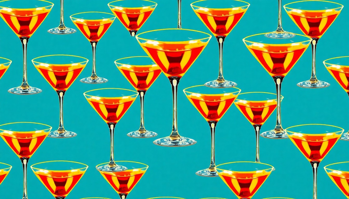 A vibrant, high-contrast silkscreen print featuring a repeated image of a classic martini glass, evoking the sophistication and style of the Golden Age of Hollywood.