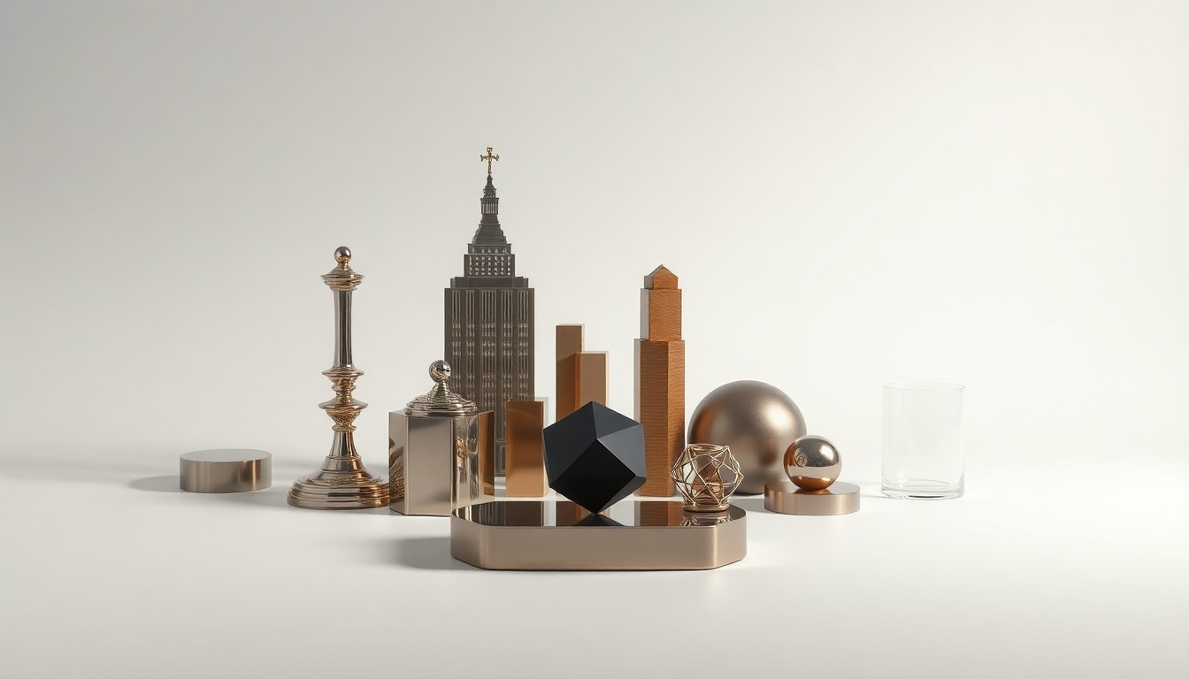 A high-end, photorealistic studio still-life photograph featuring a collection of polished, geometric objects arranged elegantly on a clean, monochromatic background, symbolizing the various aspects of downtown revitalization.