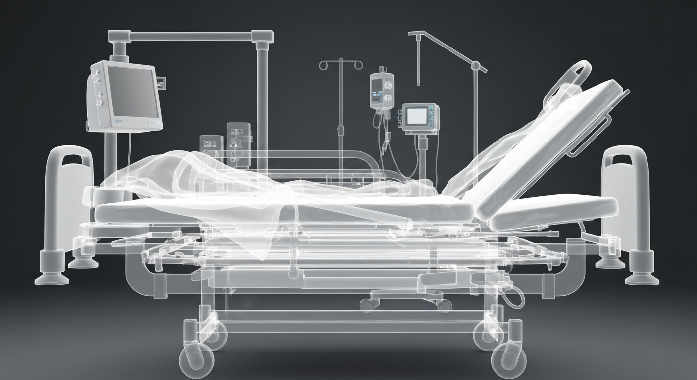A translucent X-ray photograph showing the ghostly internal structures of a hospital bed and medical equipment, conveying the clinical and urgent nature of emergency medical response.