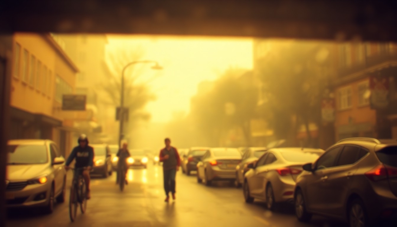 An impressionistic, out-of-focus street scene with blurred silhouettes of pedestrians, cyclists, and parked cars, conveying the atmospheric mood and divided opinions around proposed changes to improve safety.