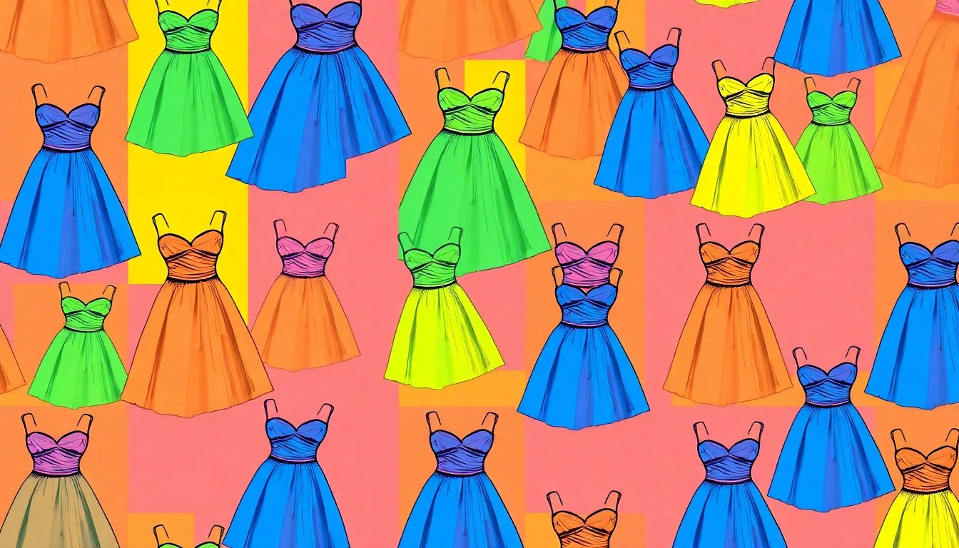 A bold, colorful silkscreen print featuring a repeating pattern of a single, iconic prom dress in bright neon shades, conceptually representing the inclusive and empowering experience of the Dreams Delivered program.