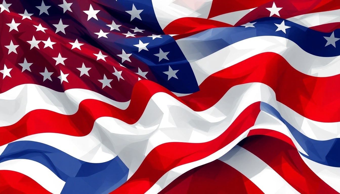 A dynamic, abstract painting of an American flag in motion, with the stars and stripes repeating in overlapping, fractured geometric shapes in shades of red, white, and blue, conceptually representing the divisive debate surrounding the display of flags in public spaces.