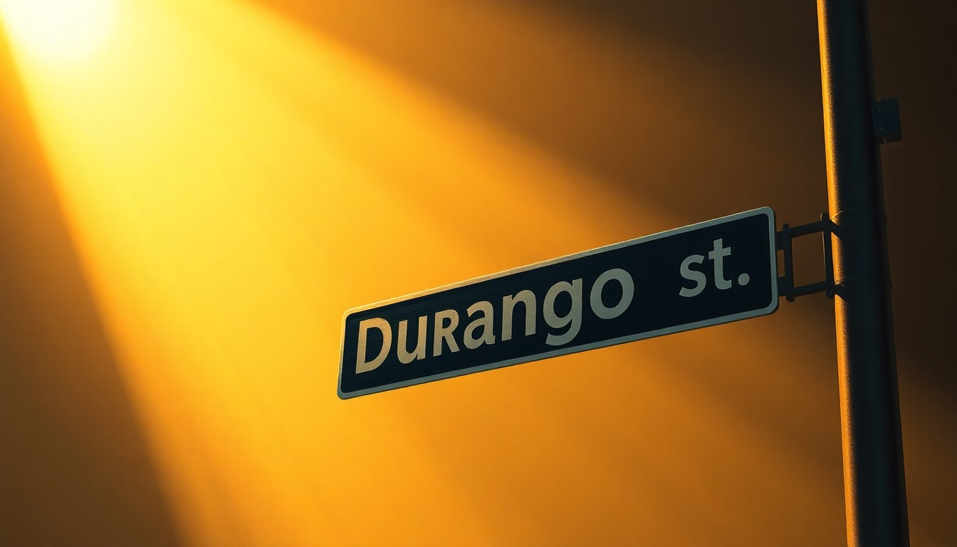 A serene, cinematic painting depicting a solitary street sign for 'Durango St' in warm, golden light, evoking a sense of community and nostalgia surrounding this contested urban infrastructure.