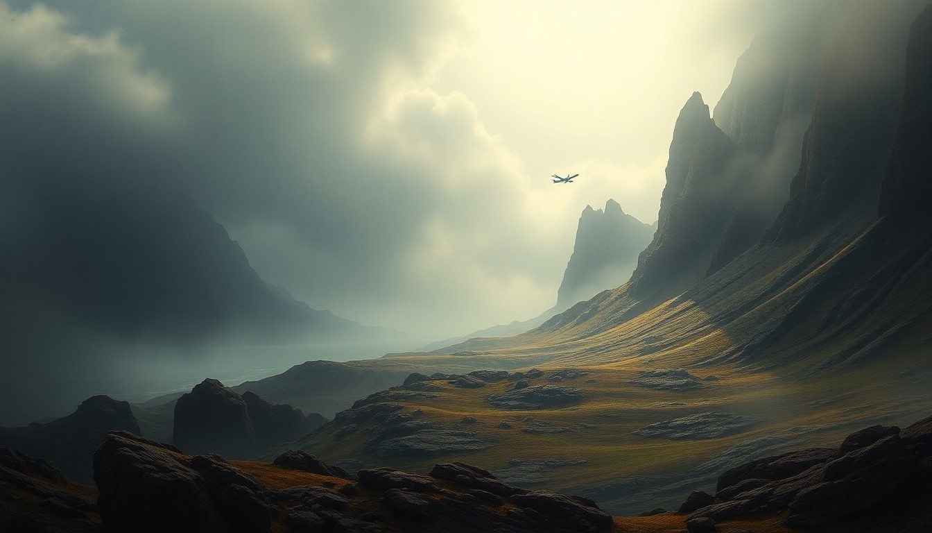 A vast, atmospheric landscape painting in muted tones of grey, blue, and green, depicting the rugged cliffs and fog-shrouded terrain of Catalina Island. The wreckage of a small plane is barely visible in the distance, dwarfed by the overwhelming scale of the natural environment.