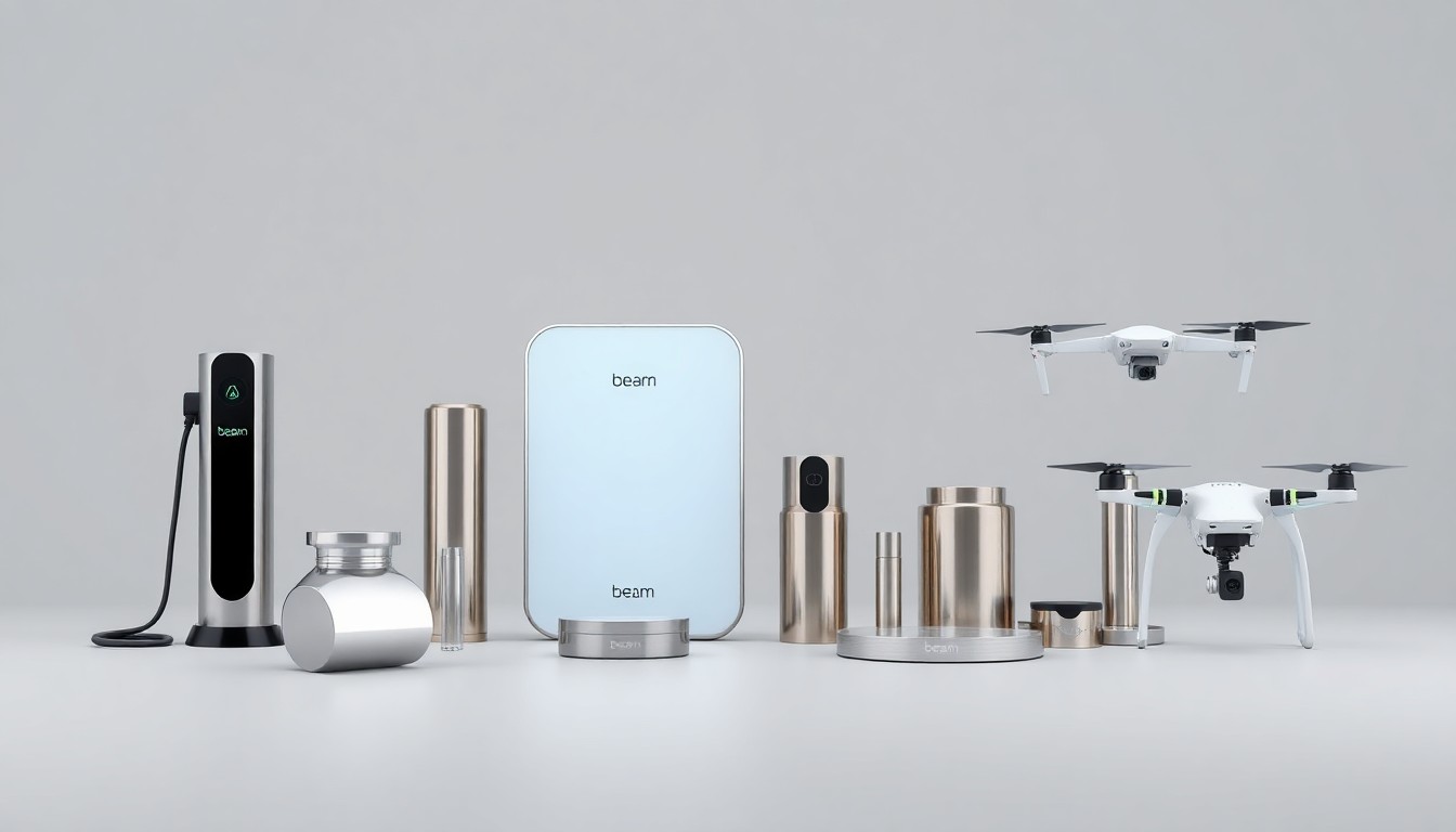 A high-end, photorealistic studio still-life photograph featuring a collection of premium, polished metal and glass objects arranged elegantly on a clean, monochromatic seamless background, conceptually representing Beam Global's diverse product portfolio.