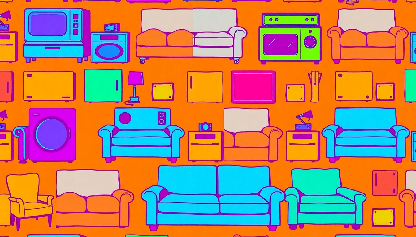 A brightly colored, high-contrast silkscreen print of a stylized couch or armchair repeated in a tight grid pattern, conceptually representing the comfortable, community-oriented living spaces at the new Vista Terrace affordable housing complex.