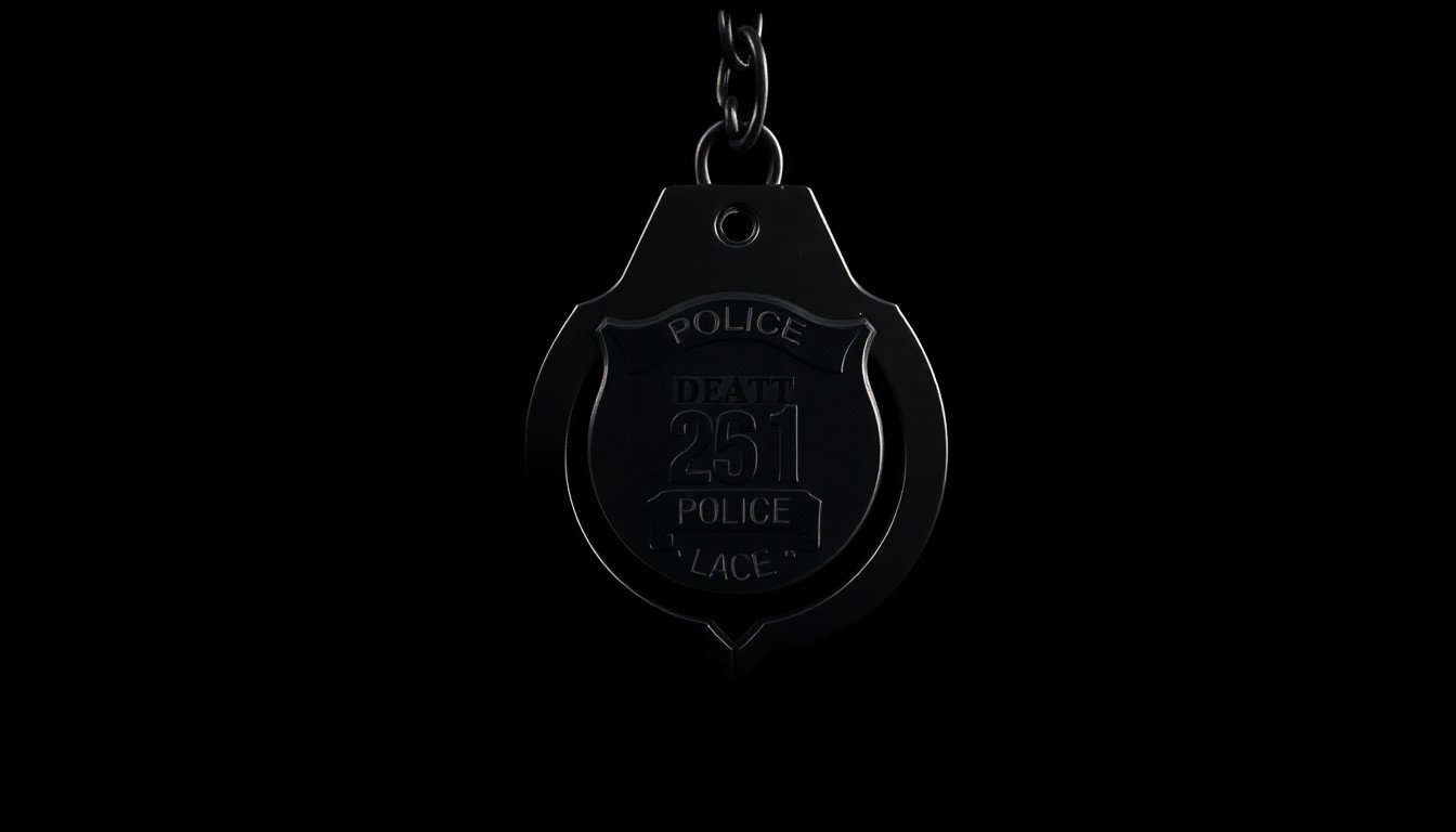 An extreme close-up photograph of a police badge or handcuff, the metallic surface reflecting a harsh, direct flash of light against a pitch-black background, creating a stark, gritty, investigative aesthetic.