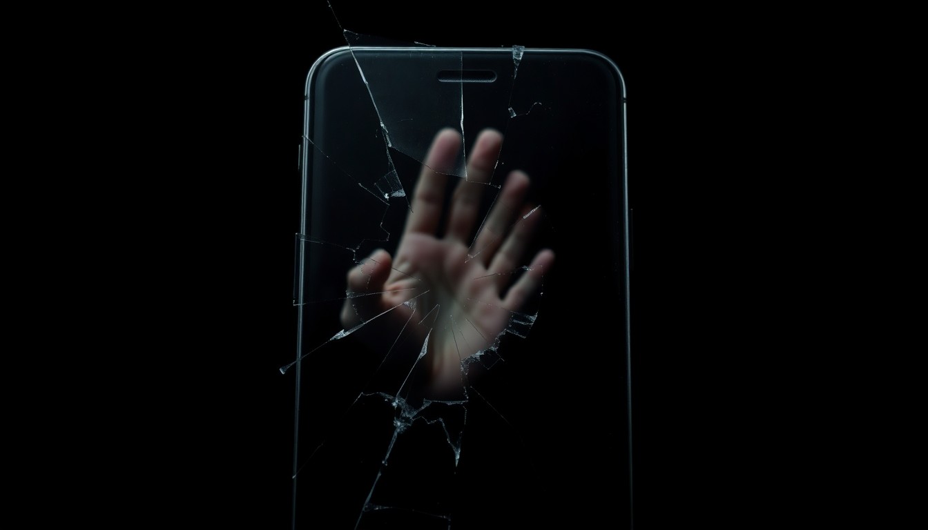 An extreme close-up of a cracked and shattered cell phone screen, reflecting a faint hand in the glass, conveying the gritty, investigative nature of the search for a missing woman.