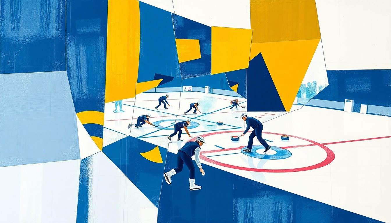 A fractured, geometric painting depicting a curling match or competition, with sharp, overlapping planes in navy blue, gold, and white, conceptually representing the city's pride in its curling heritage.