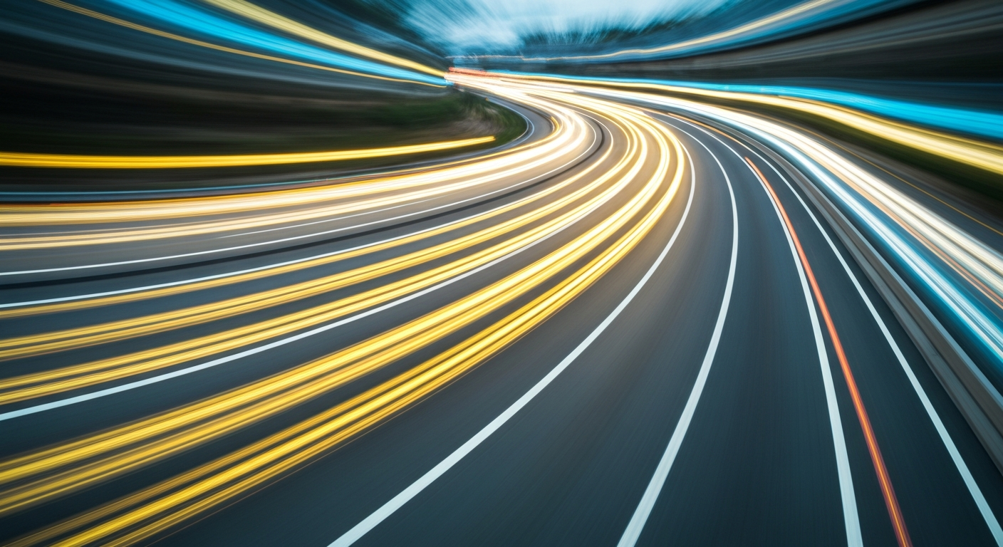 An abstract, blurred image of a highway in motion, with streaks of asphalt gray, safety yellow, and bright blue, conveying the speed and energy of a transportation infrastructure upgrade.