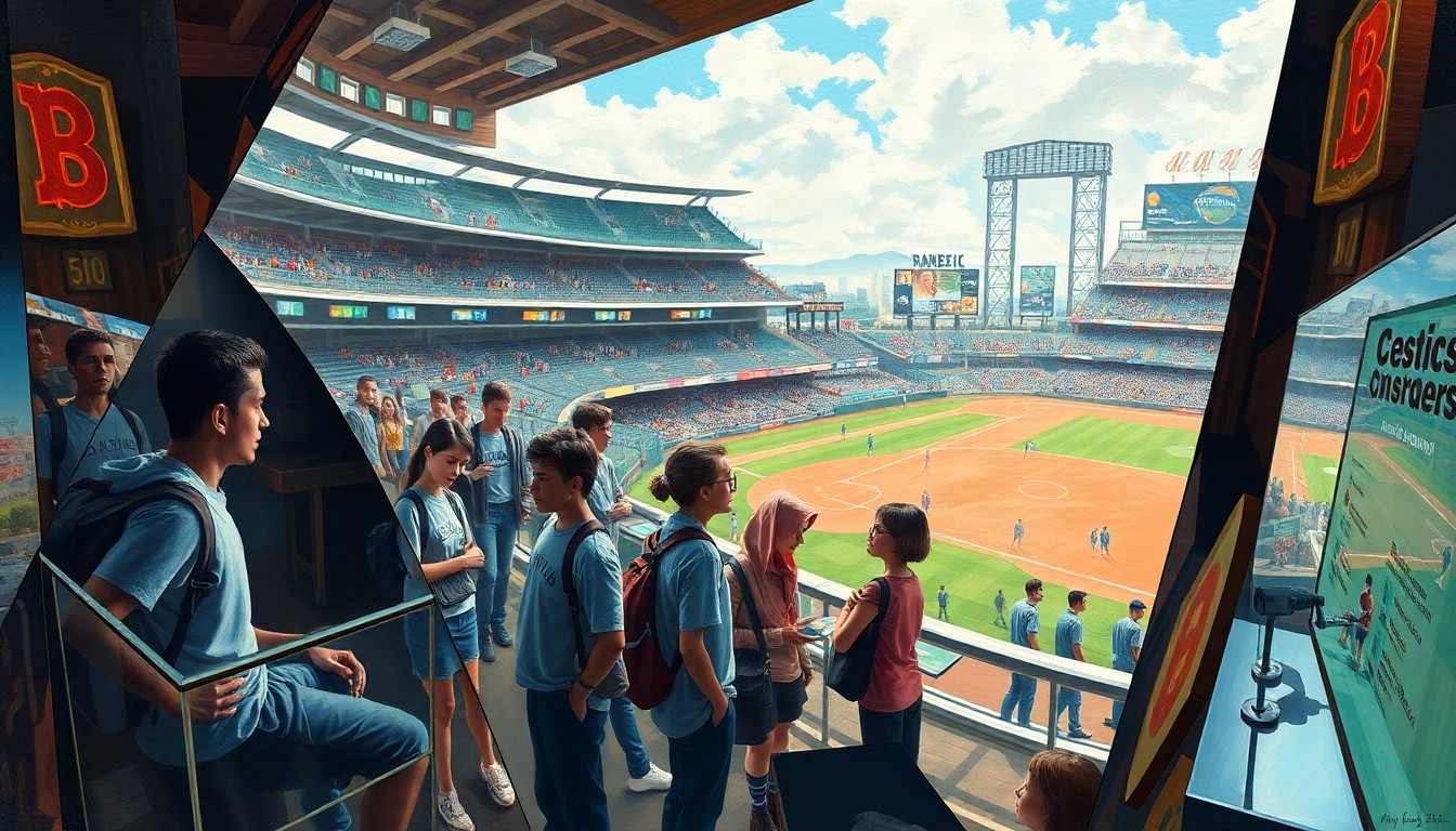 A cubist, geometric painting depicting students engaged with various technology exhibits and robotic demonstrations inside a baseball stadium, conceptually representing the hands-on learning opportunities provided at the Marlins' S.T.E.A.M. Day event.