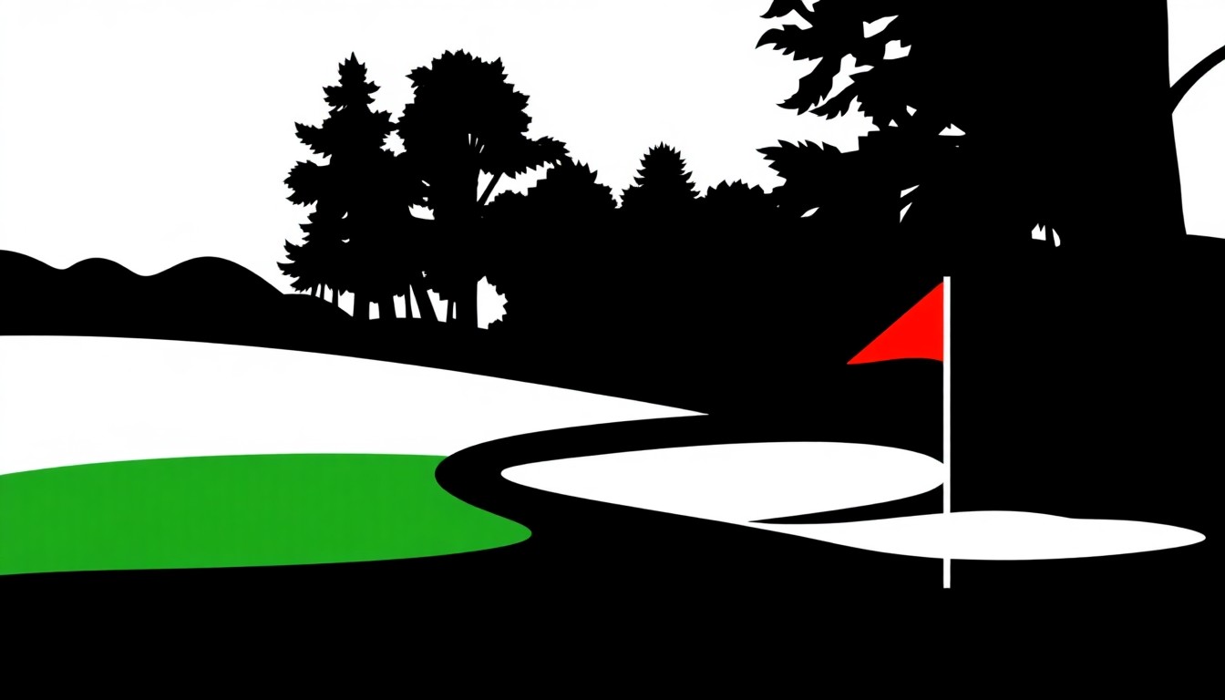 A bold, graphic illustration featuring stark black silhouettes of a fairway, green, bunker, and tee, arranged in a dynamic, abstract composition using high-contrast solid colors like red and white to capture the core concepts of a golf course.