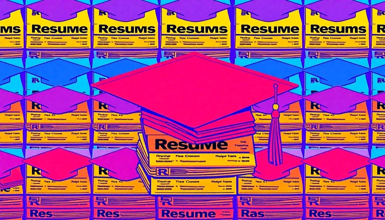 A vibrant, abstract grid of brightly colored graduation caps in neon shades of blue, pink, and yellow, conceptually representing the energy and excitement of a university career fair.