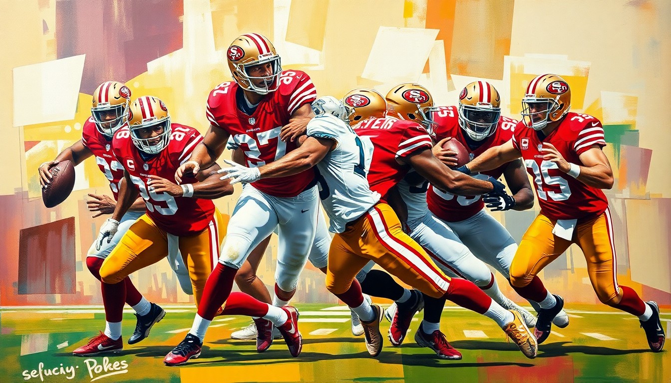A cubist, geometric painting depicting a 49ers pass rush play, with fragmented shapes and planes in the team's colors of red, gold, and white, capturing the dynamic energy of the defensive action.