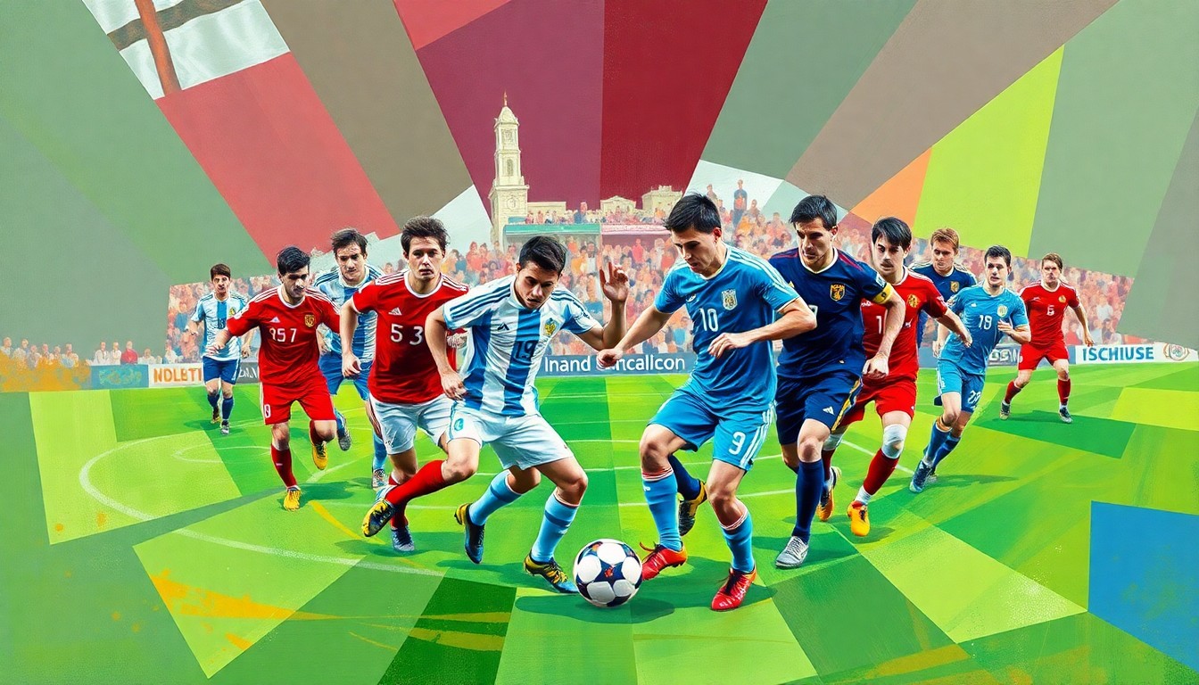 A fragmented, cubist-style painting depicting the dynamic action of a soccer match between the national teams of Argentina and Iceland, with their team colors and uniforms abstractly represented through sharp, overlapping geometric shapes and planes.