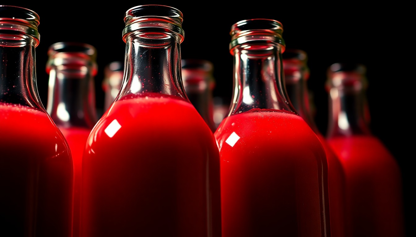 An extreme close-up photograph of several glass bottles filled with a bright red michelada cocktail, the bottles' surfaces reflecting dramatic studio lighting to create a glamorous, high-fashion aesthetic.